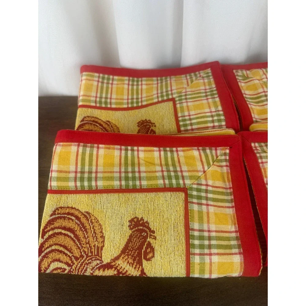 VTG Set of FOUR Red Yellow Plaid Rooster Tapestry Placemats 19